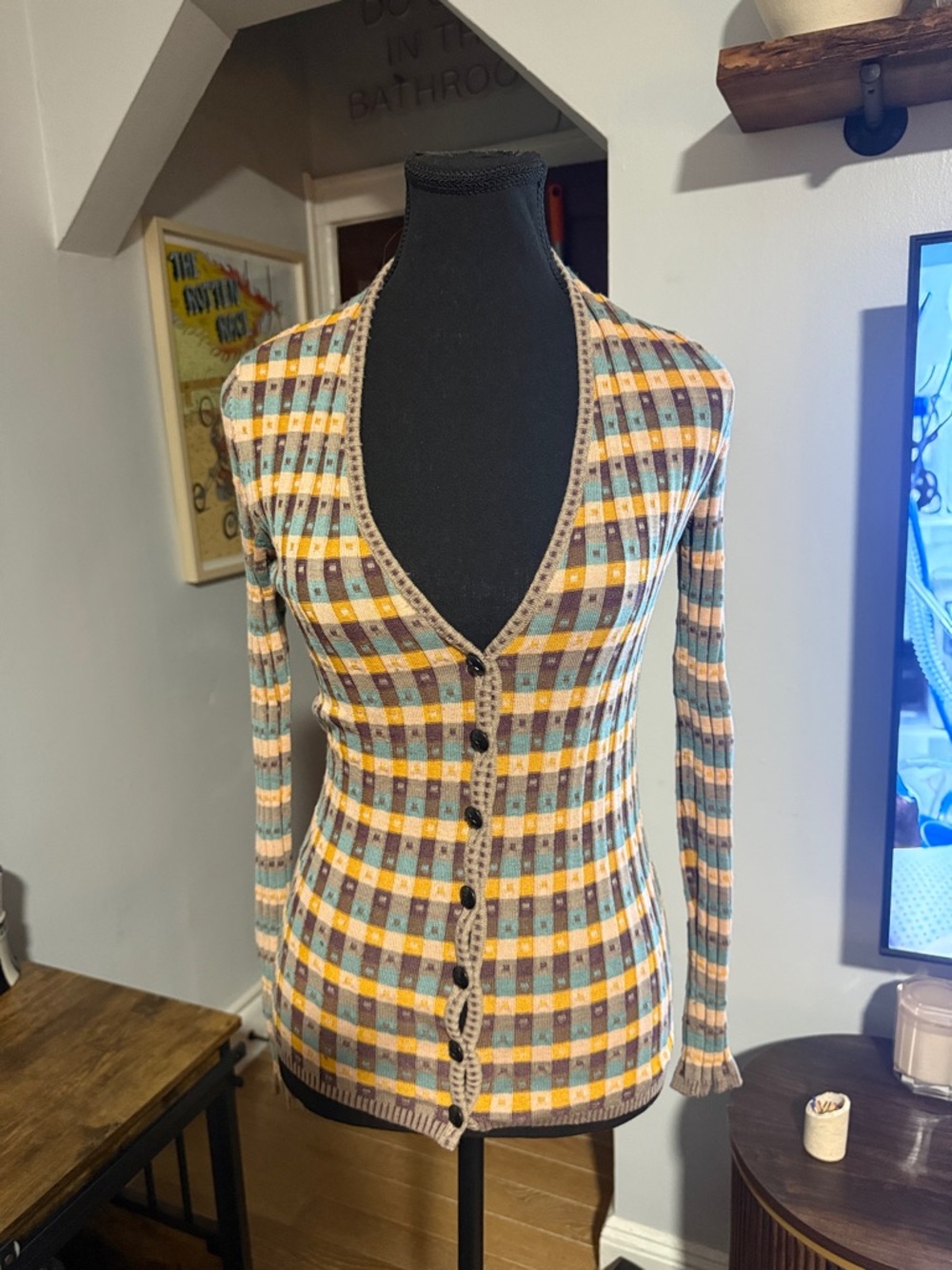 Missoni Striped V Neck Cardigan in Blue, Yellow & Brown
